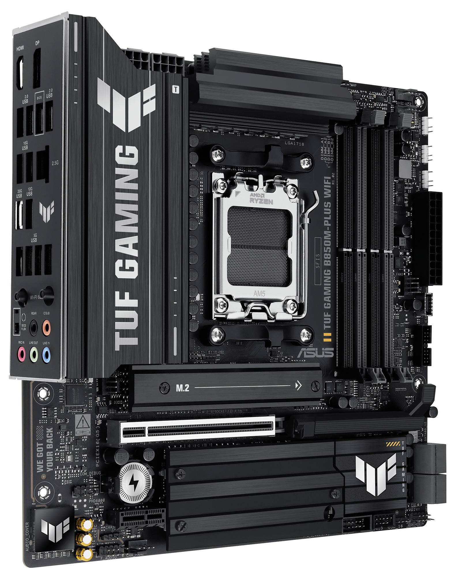 Svart moderkort 'TUF GAMING B550M-PLUS WIFI' från ASUS med flera anslutningar, PCIe-expansionsplatser och sockel för AMD Ryzen-processor.