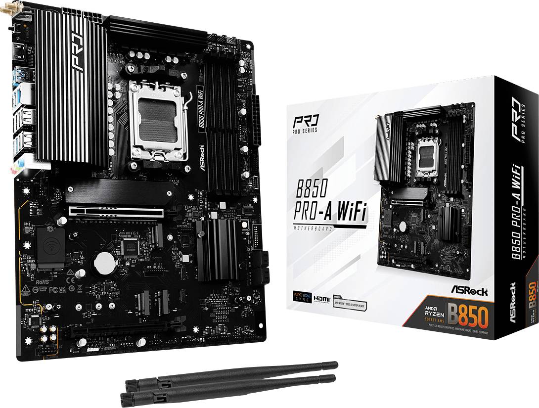 Bild av ett ASRock B650 PRO-A WiFi-moderkort bredvid förpackningen. Moderkortet visar ett flertal anslutningar och komponenter.