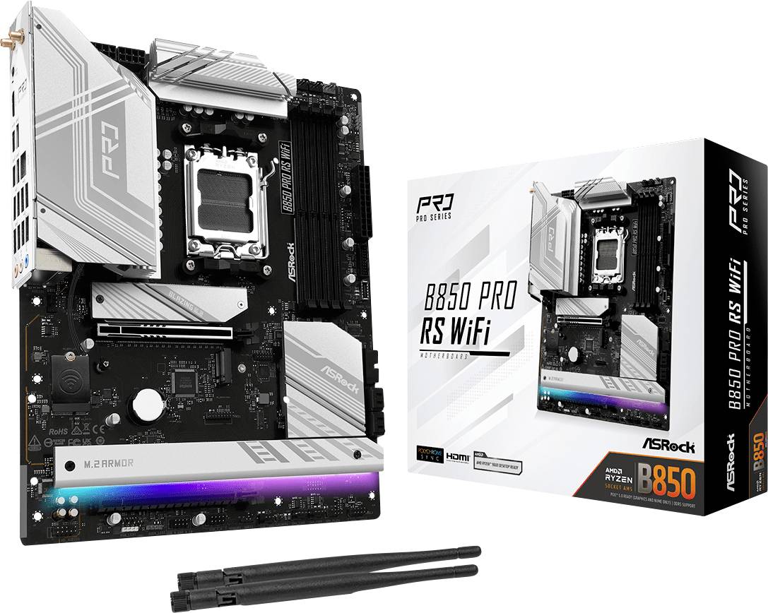 Ett ASRock B650 PRO RS WiFi-moderkort bredvid produktförpackningen. I leveransomfånget ingår en antenn och WiFi-funktionalitet.