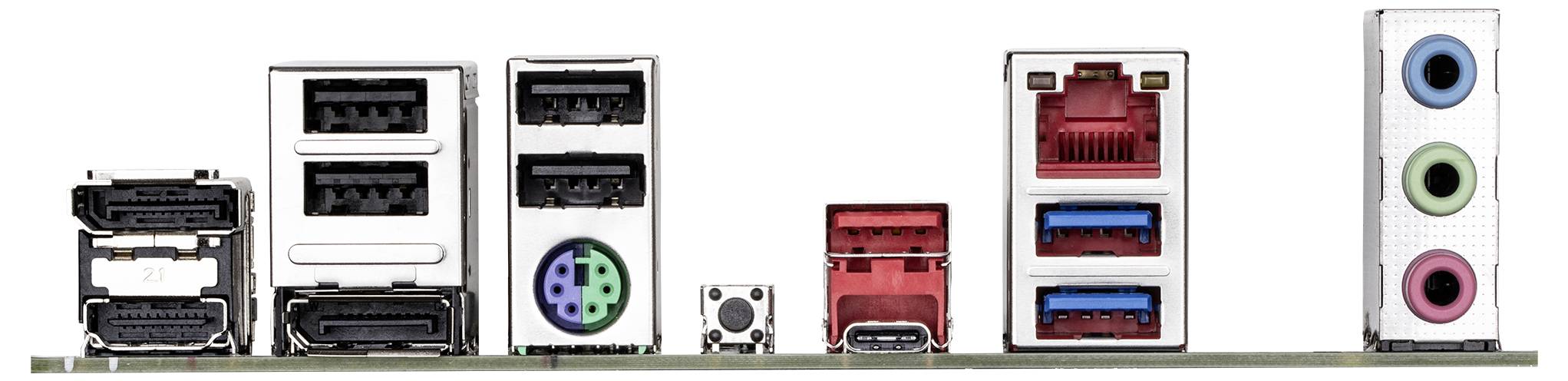 Baksidan av ett datormoderkort med olika anslutningar: HDMI, USB, nätverk, hörlursuttag och PS/2.