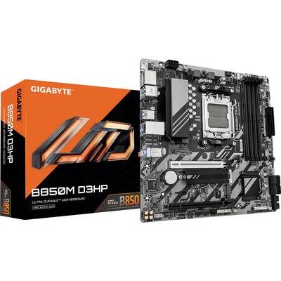 Gigabyte B850M D3HP moderkort och förpackning med varumärkesprofilering och tekniska detaljer. Designad för AMD Ryzen-processorer.