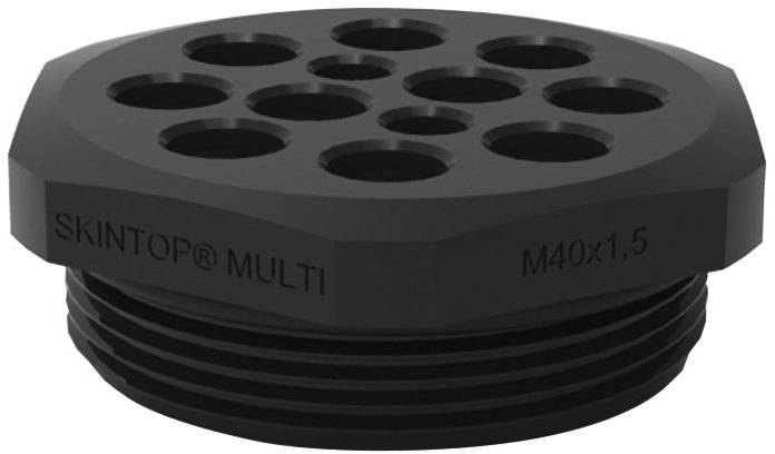 Svart kabelgenomföringsadapter med flera runda öppningar. Påskrift: 'SKINTOP® MULTI M40x1,5'. Lämplig för kabelhantering.
