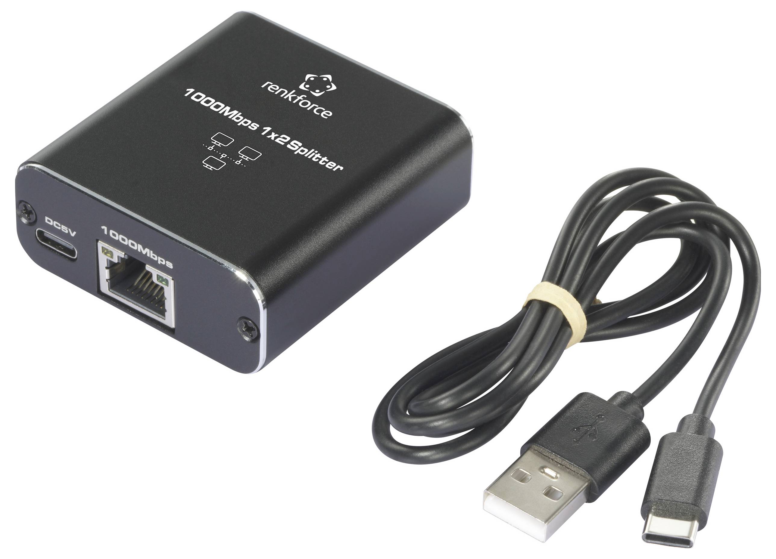 En '1000Mbps 1x2 Splitter' från renkforce, bredvid en USB-kabel. Splittern har anslutningar: USB-C, Gigabit Ethernet och DC 5V.