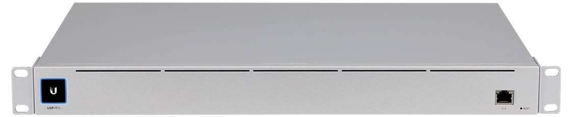 En silverfärgad nätverksrouter i rackmonterat utförande med en Ethernet-port och en lysande logotyp på vänster sida.