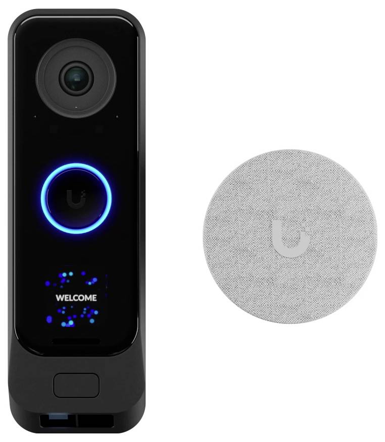 Videodörrklocka och trådlös dörrklockring. Dörrklockan visar "WELCOME" och en lysande ring som signalerar aktivitet.