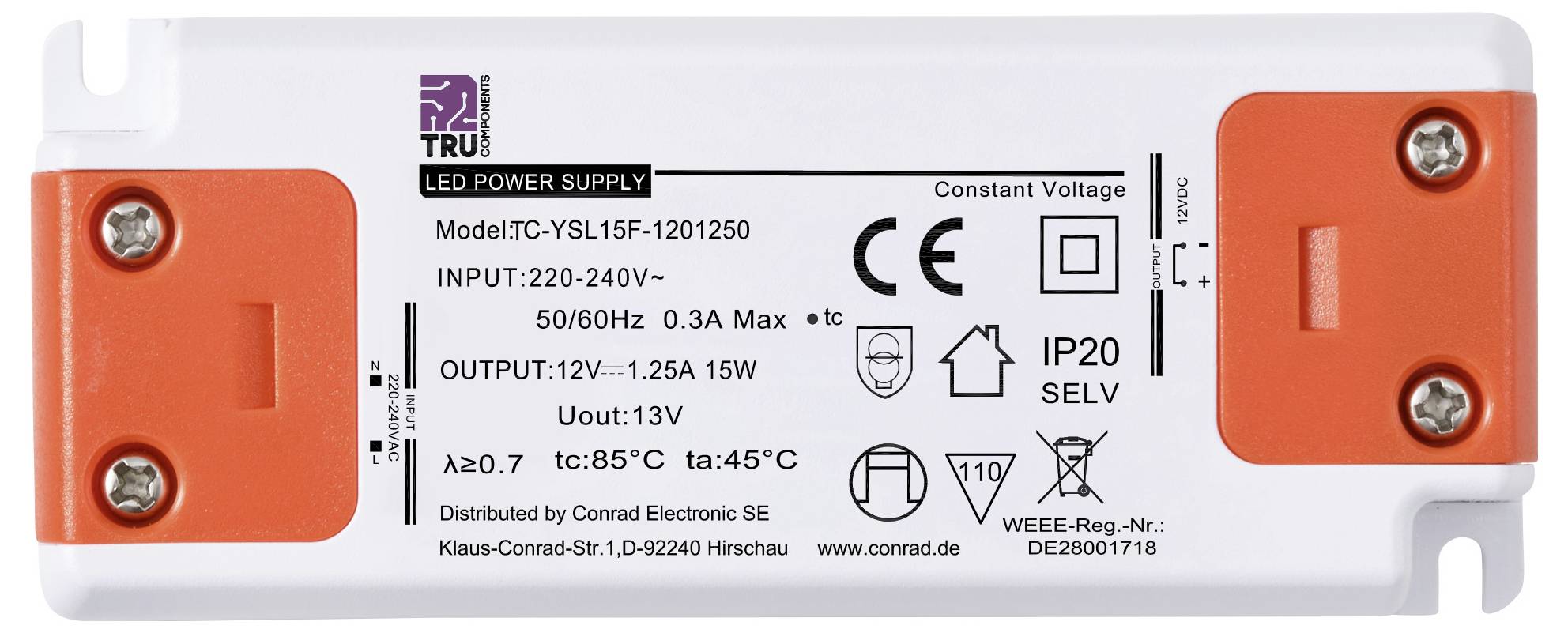 LED-nätaggregat, modell YSL15F-1201250. Ingång: 220-240V, utgång: 12V vid 1,25A, max. 15W. Skyddsklass IP20, tillverkare: Conrad Electronic.