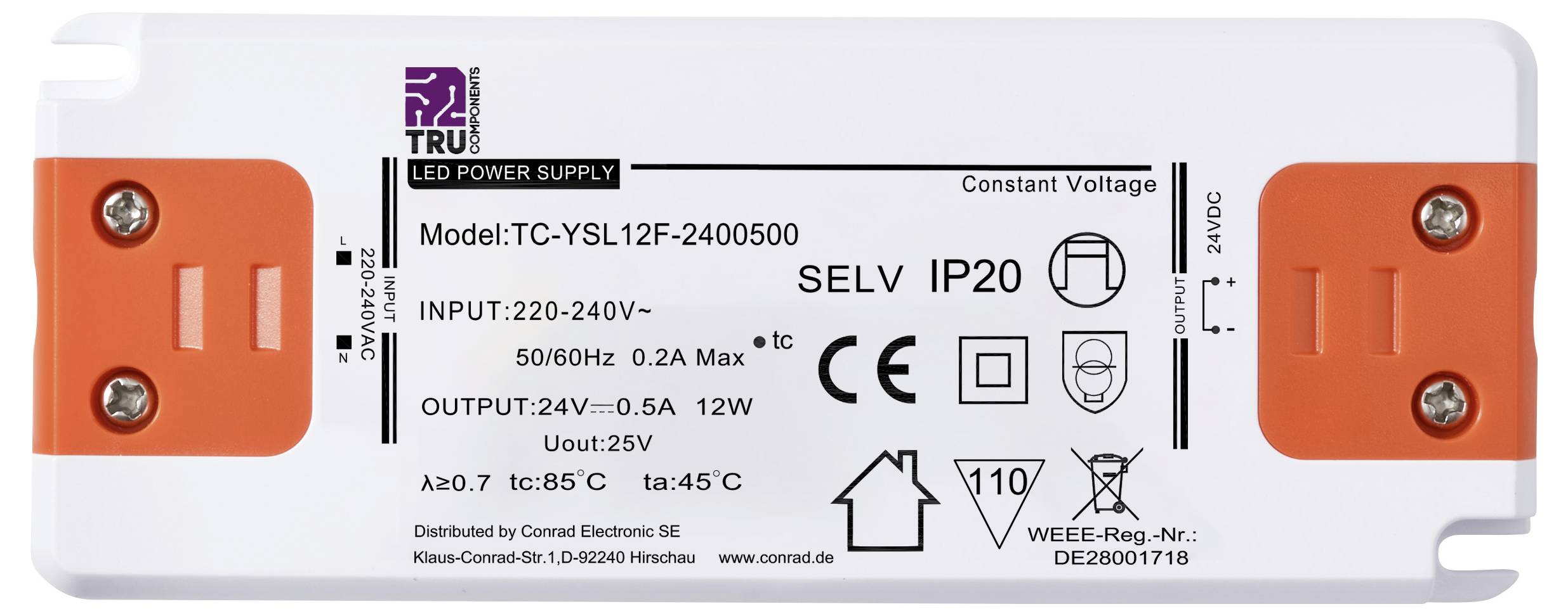 LED-nätaggregat med modellnummer TC-YSL12F-2400500. Specifikationer: Ingång 220-240V, utgång 24V, 50/60Hz, 0,5A, IP20.