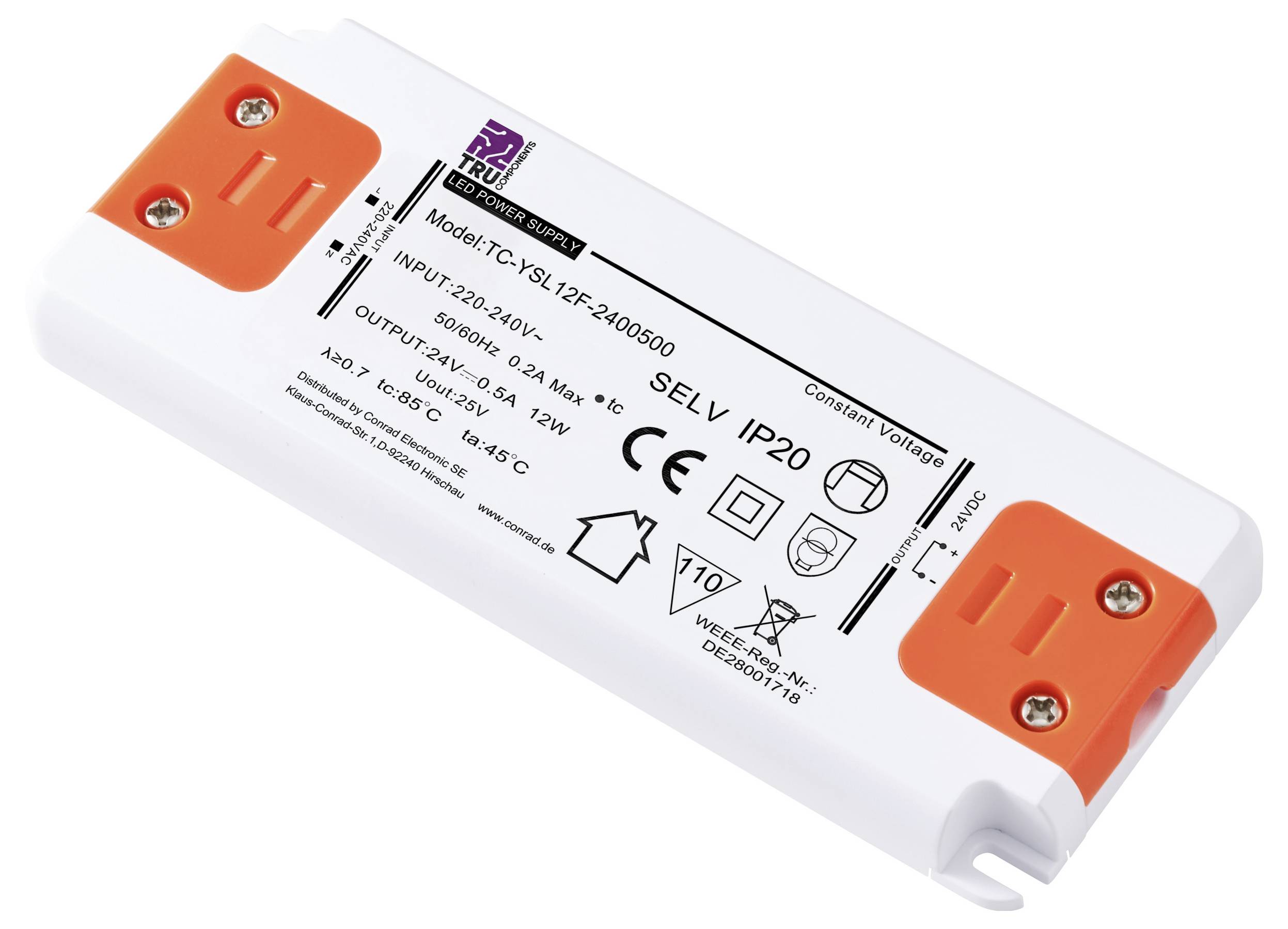 Konstantström-nätadapter med orangefärgade anslutningar, modell 'TC-YSL12F-2400500'. Ingång: 220-240V, utgång: 24V 0,5A.
