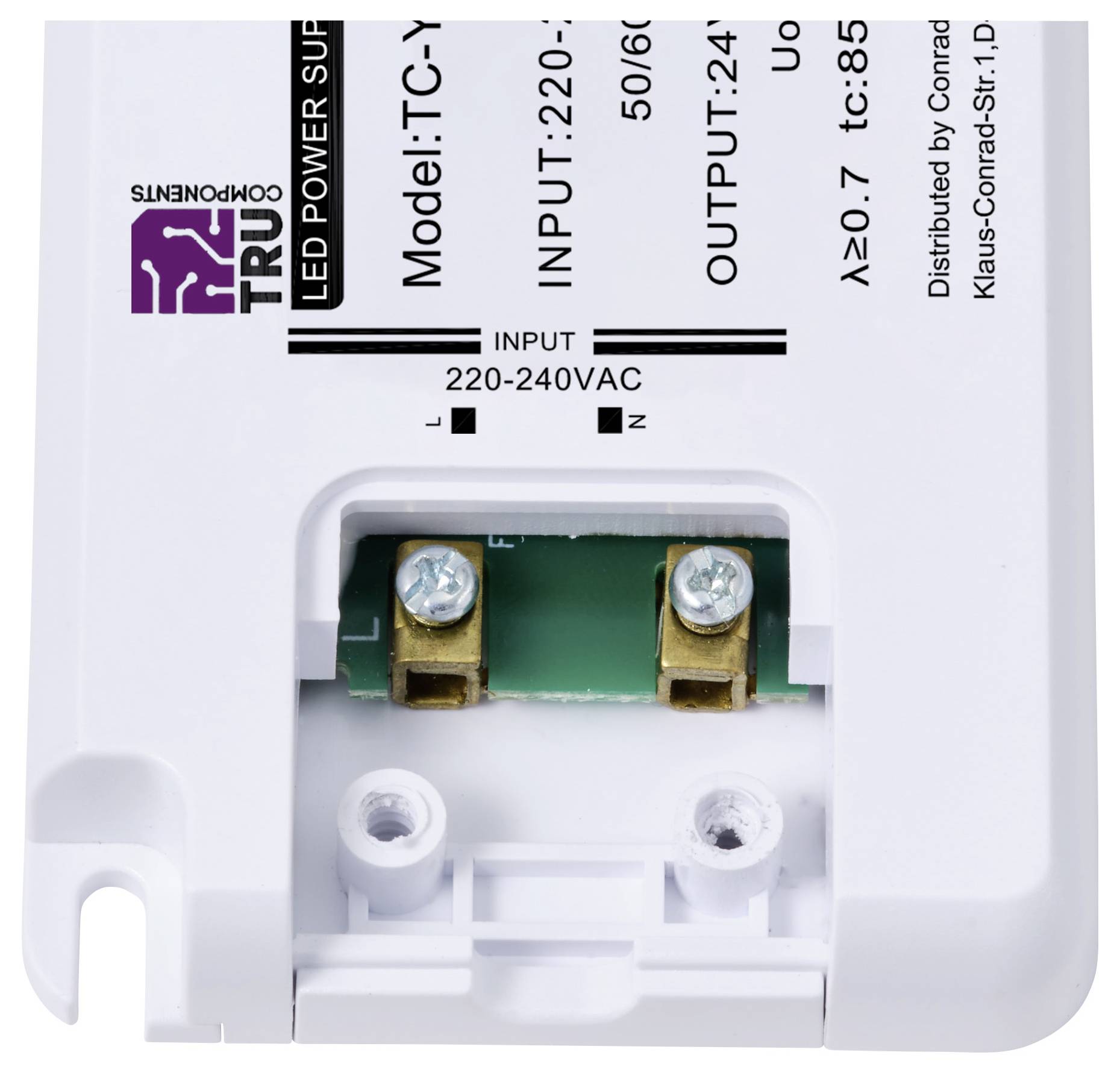 Vitt LED-nätaggregat med anslutningsklämmor, modell TC-Y, ingång 220-240V, utgång 24V, från TRU Components, distribuerad av Conrad.