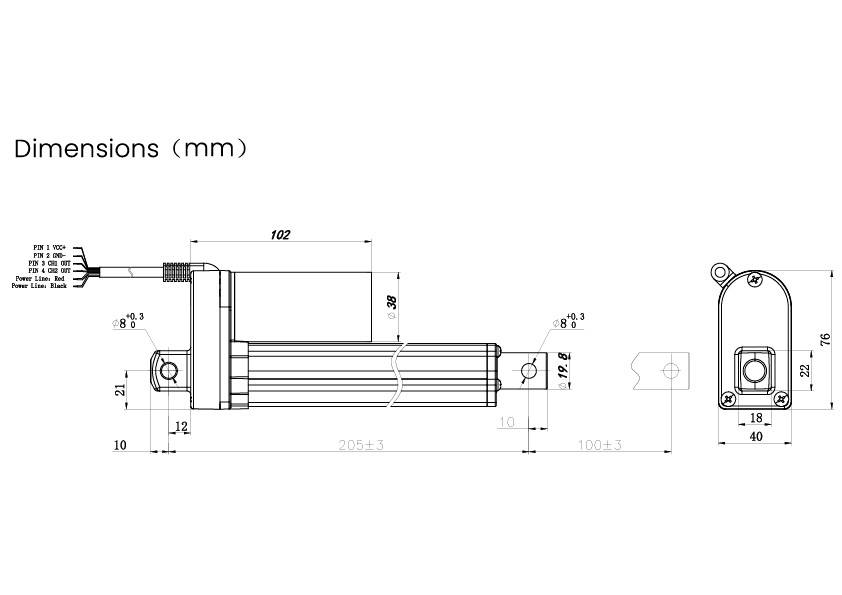 Teknisk ritning av en elektrisk aktuator med exakta dimensioner i millimeter, visar längd, höjd och anslutningar.