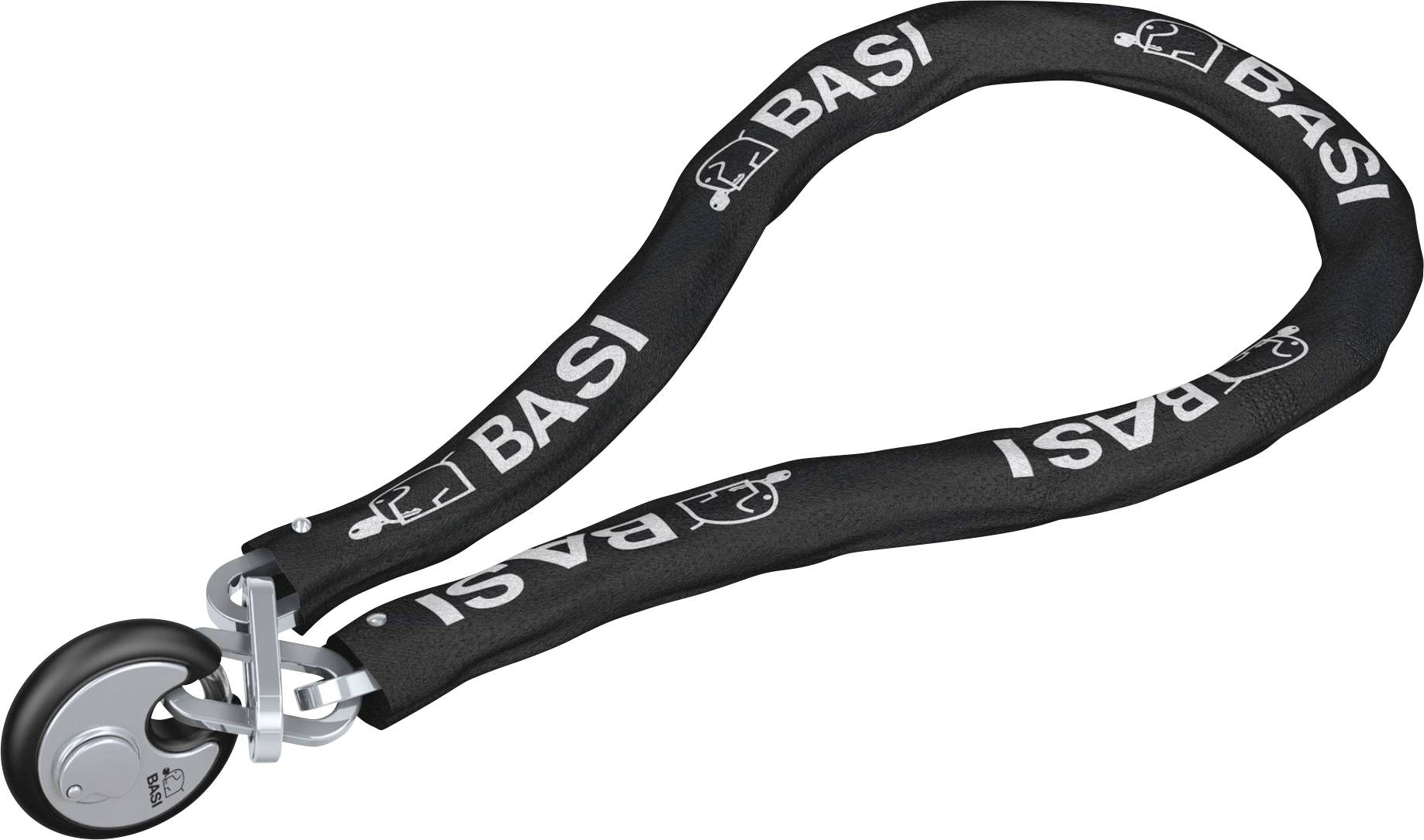 Metalllås med svart tygöverdrag och vit text 'BASI'.