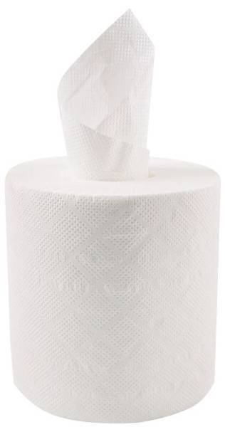 Ett rulat vitt toalettpapper med ett utstickande ark.
