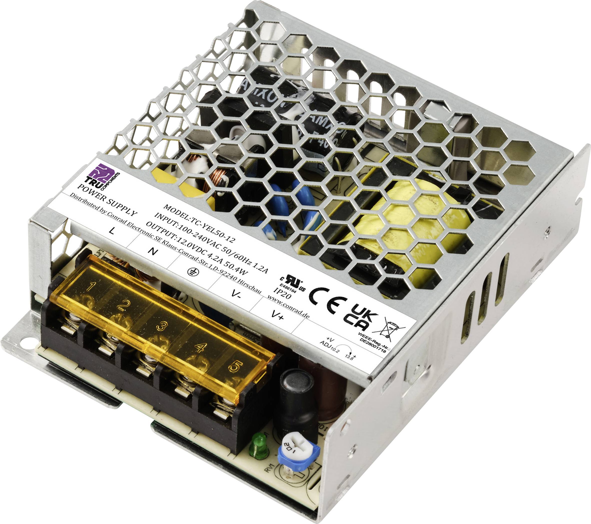 Ett silver, rektangulärt nätaggregat med ett hålgaller på ovansidan, som visar olika anslutningsklämmor framtill, lämpligt för elektriska enheter.