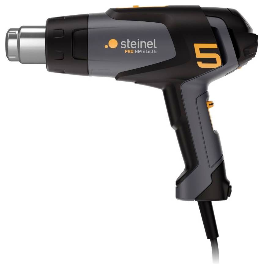 En svart varmluftspistol från märket Steinel med modellbeteckningen 'HL 2120 E' och en orange siffra '5' på sidan.