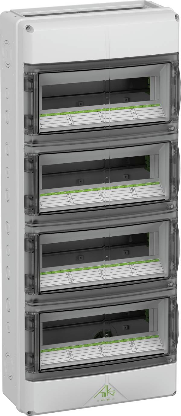 Spelsberg 73355652 AK-F 56 UL Normkapsling Utanpåliggande, Vägg Moduler totalt = 56 Antal serier = 4 Innehåll 1 st