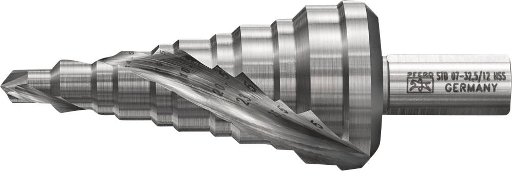 En konisk metallfräs med flera steg för bearbetning av plåt, tillverkad i Tyskland.
