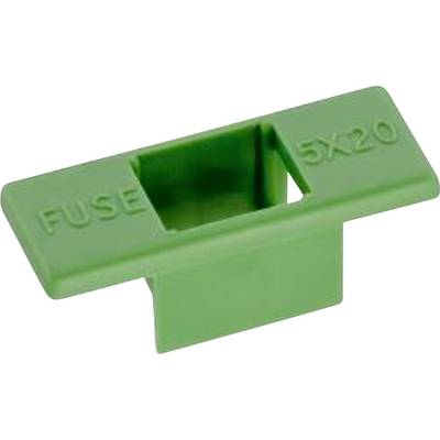 Grön säkringshållare med texten 'FUSE 5x20', rektangulär öppning för finminiatsäkringar.