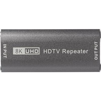 En grå 8K UHD HDTV-repeater med märkningar 'INPUT' och 'OUTPUT'.