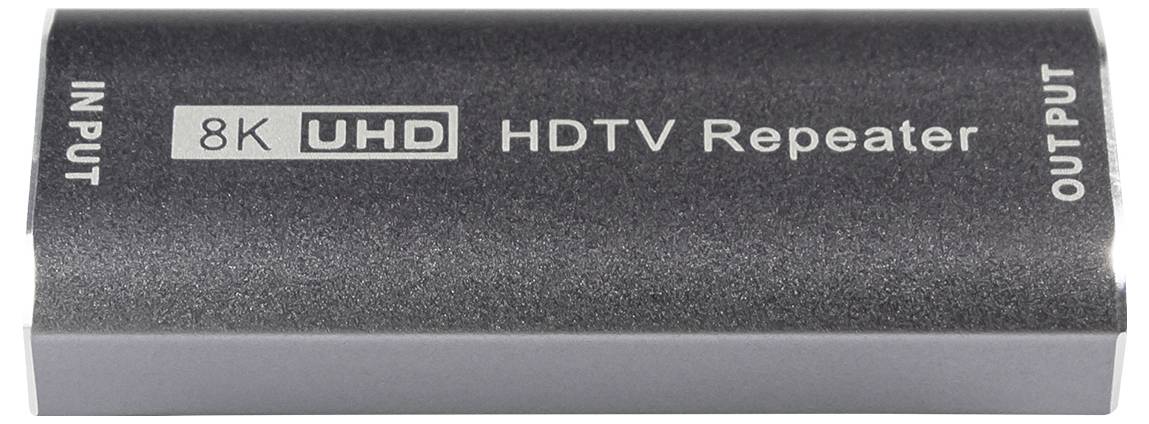 En 8K UHD HDTV-repeater med tydligt märkta in- och utgångar på ett svart hölje.