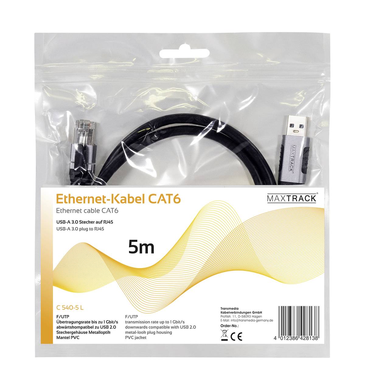 Förpackad CAT6 Ethernet-kabel, 5 meter lång, med RJ45-kontakter. Förpackningen innehåller produktdetaljer på tyska och engelska.