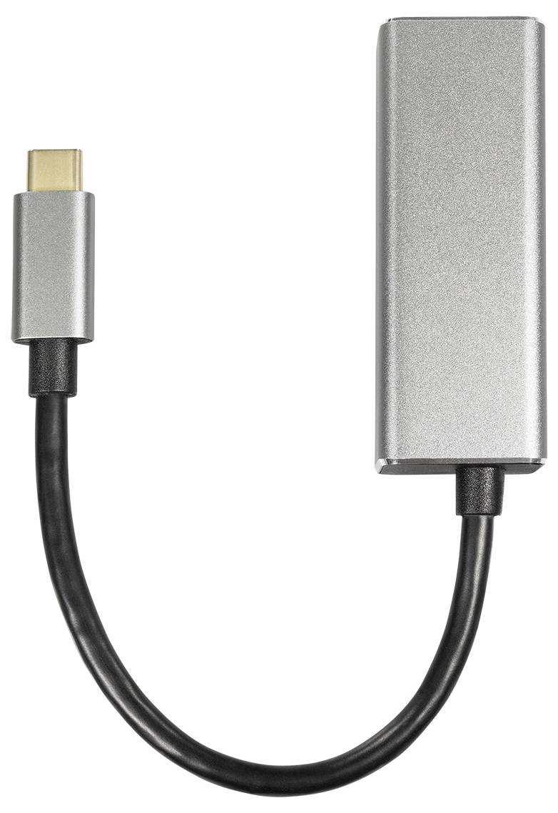 USB-C-adapter med kort kabel. Innehåller en USB-C-kontakt, en svart kabel och ett silver, rektangulärt hölje.