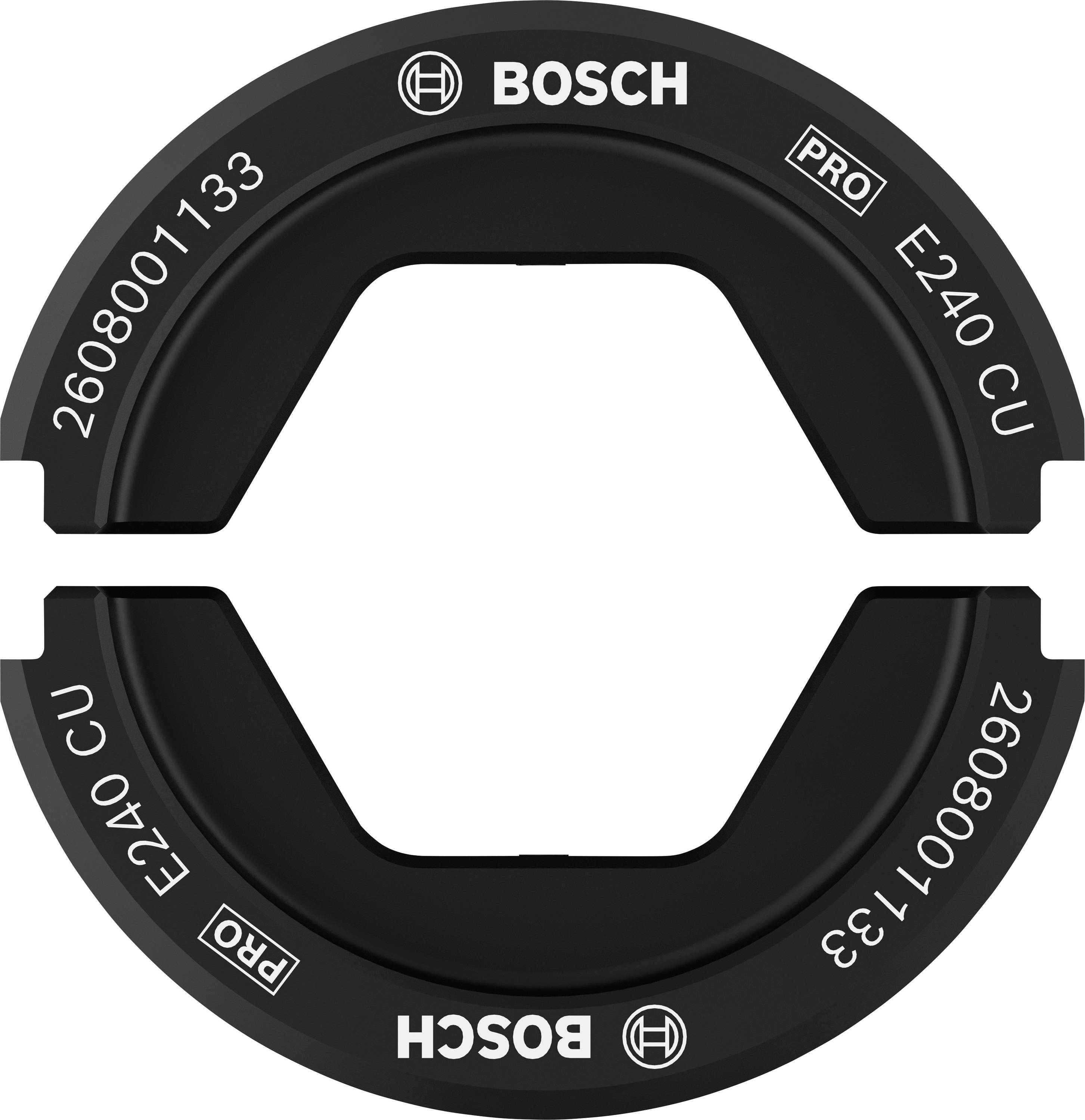 Svart Bosch-slipskiva med vit text 'E240 CU', modellnummer '2608001133', cirkelformad design för professionella verktyg.