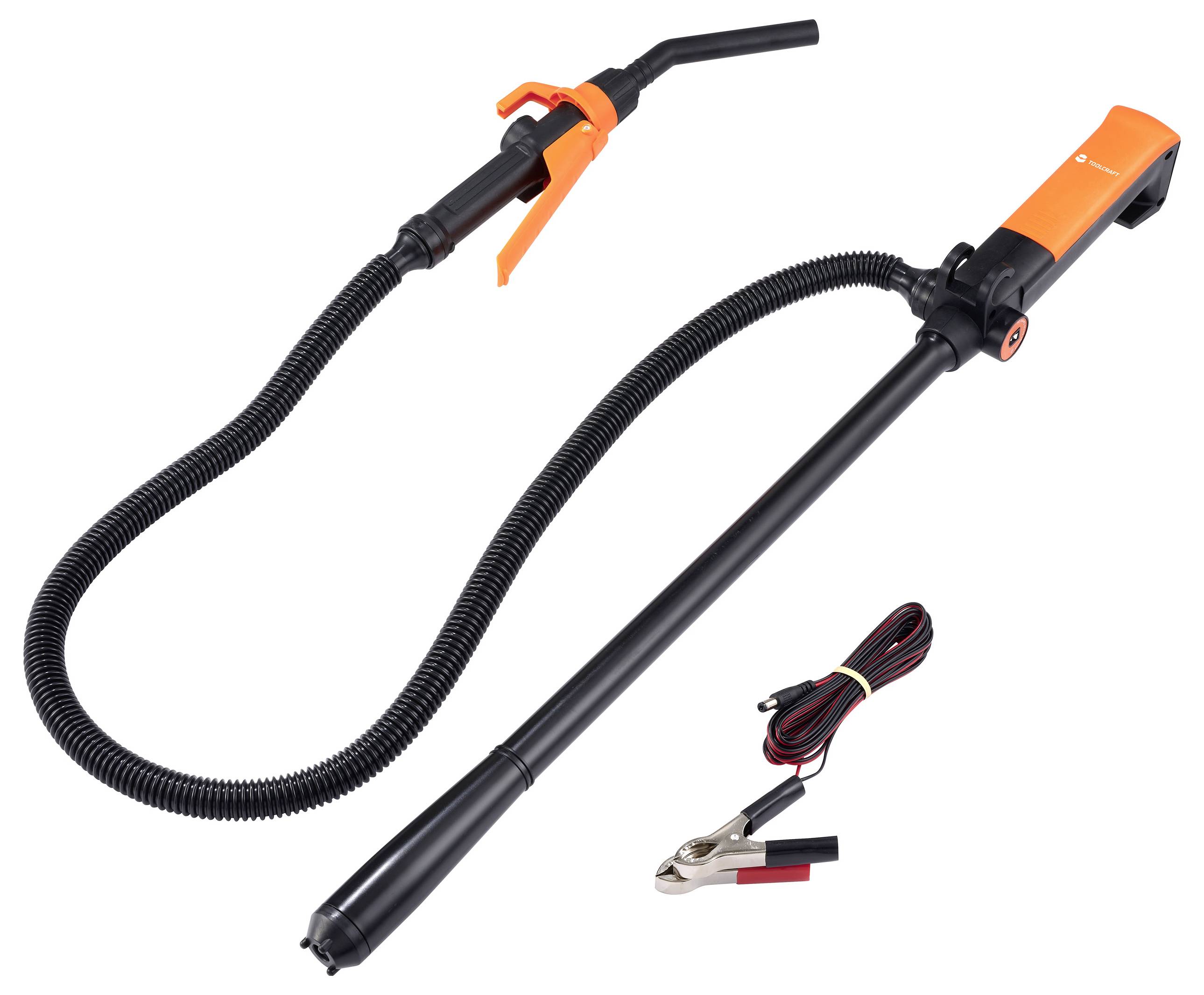 Ölpumpset med flexibel sugslang, långt matningsrör och krokodilklämmor för batterianslutning. Perfekt för oljebyte.