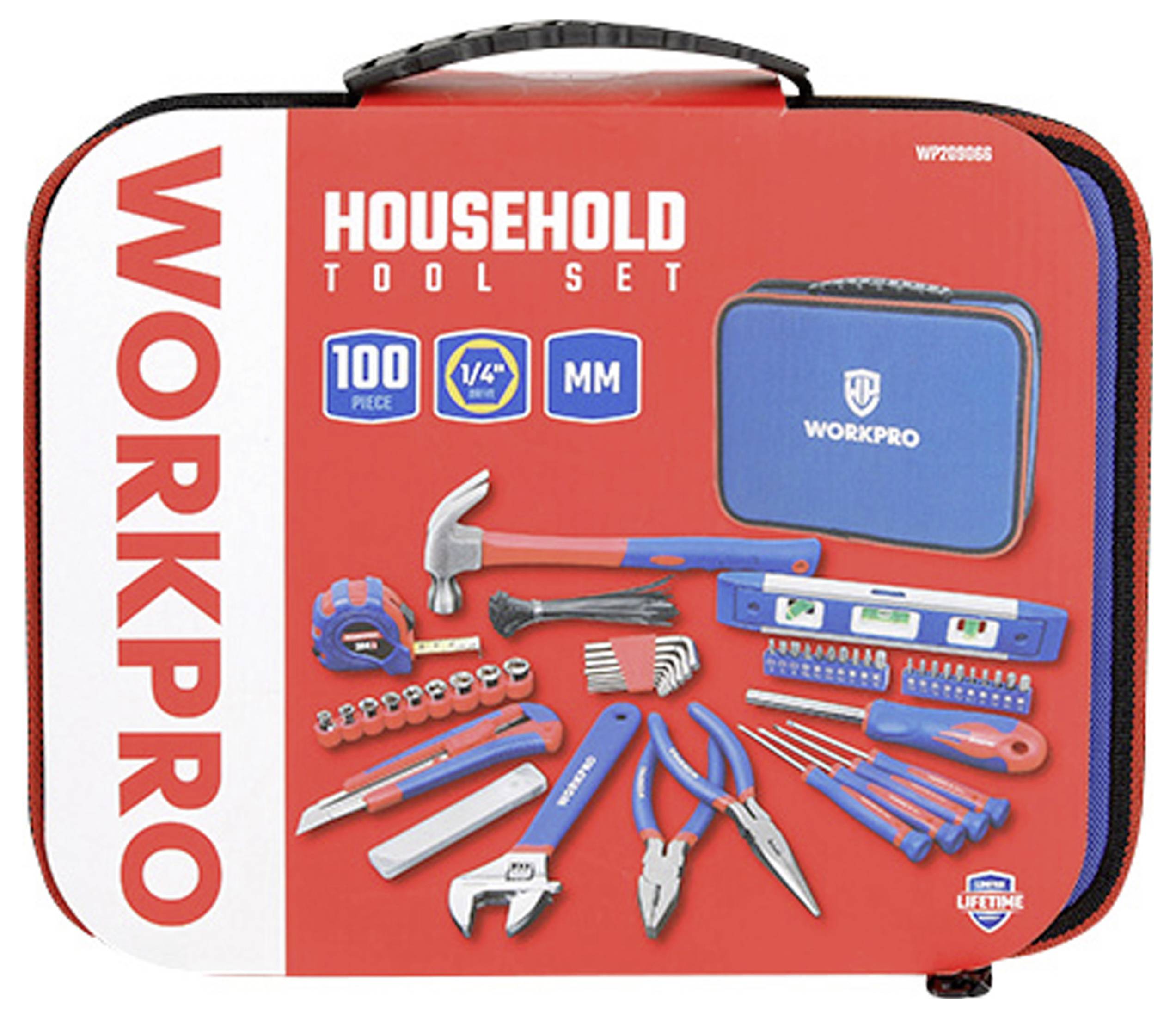Verktygssats med 100 delar i röd väska, inklusive hammare, skiftnyckel, tång och måttband. Märke: WORKPRO.