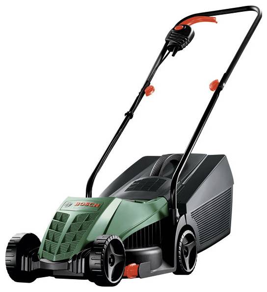 En grön gräsklippare med svarta hjul och rött handtag, märkt med 'Bosch'. Lämplig för små till medelstora trädgårdar.