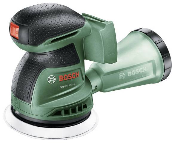 En grön elektrisk Bosch excenterslipmaskin med ergonomiskt handtag, lämplig för sliparbeten på olika ytor.