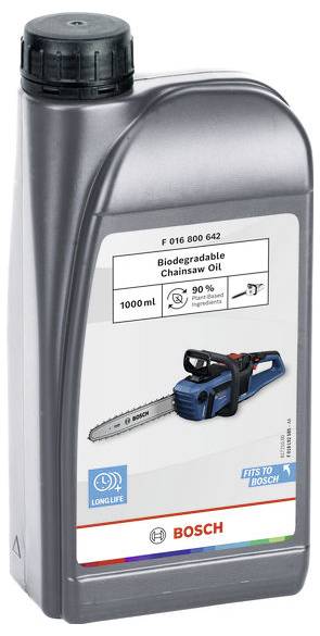 Behållare för Bosch-kedjeolja, 1000 ml, biologiskt nedbrytbar med 90% mindre miljöpåverkan, bild av en motorsåg.
