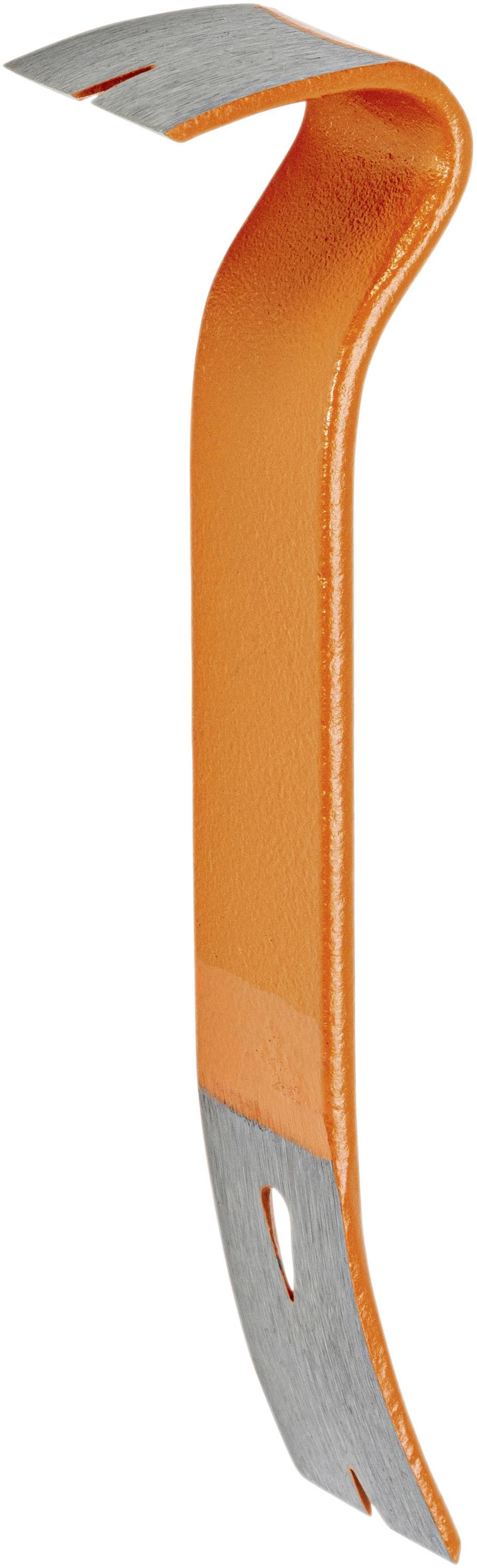 Orange fladstålbrytjärn med böjd spets och ett platt, krökt blad, lämpligt för hävstång och borttagning av spik.