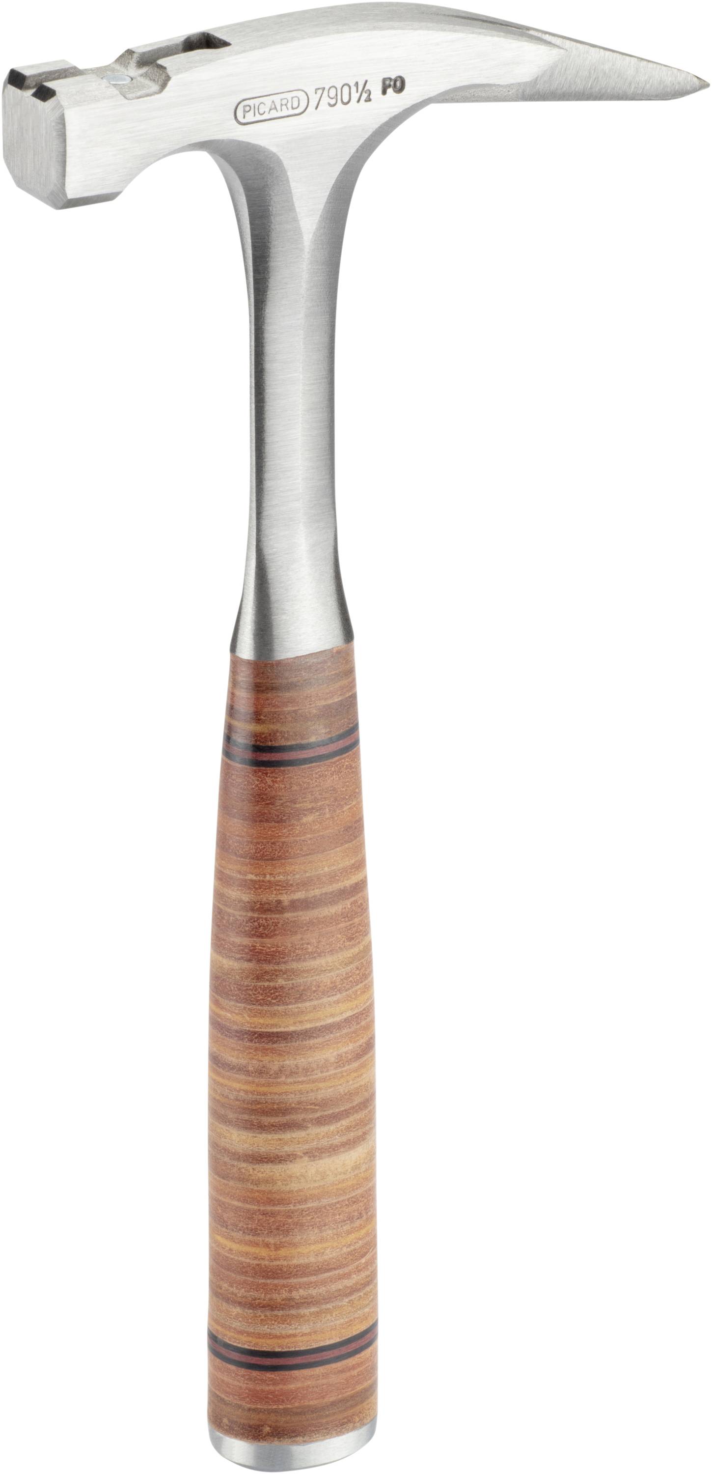 En silverfärgad hammare med ett läderlindat handtag. Hammarhuvudet har en plan slagyta och en spetsig klo för att ta bort spikar.