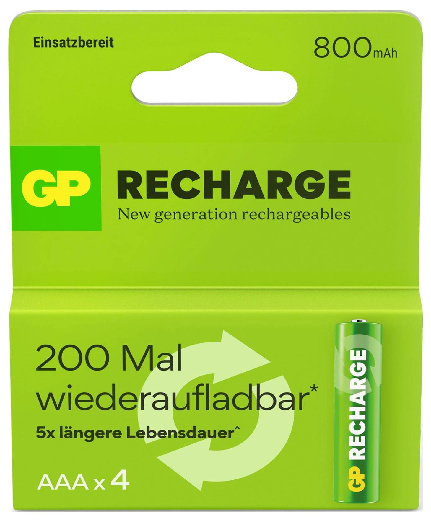 Grön förpackning för GP Recharge AAA-batterier med texten '200 gånger laddningsbar', kapacitet: 800 mAh, innehåller 4 stycken.