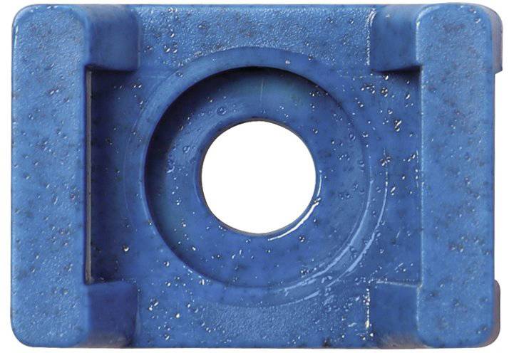 En rektangulär, blå plastdetalj med ett centralt hål och fyra små upphöjningar i hörnen.
