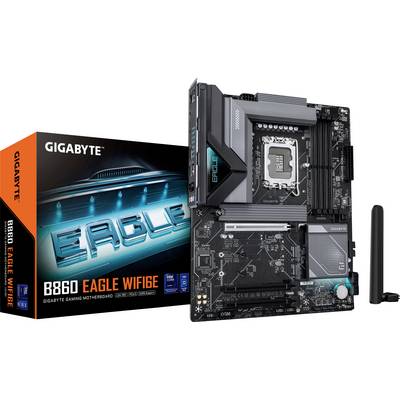 Gigabyte B860 Eagle WiFi-spelmoderkort med elegant svart och teal design, visad bredvid sin förpackning och en WiFi-antenn.