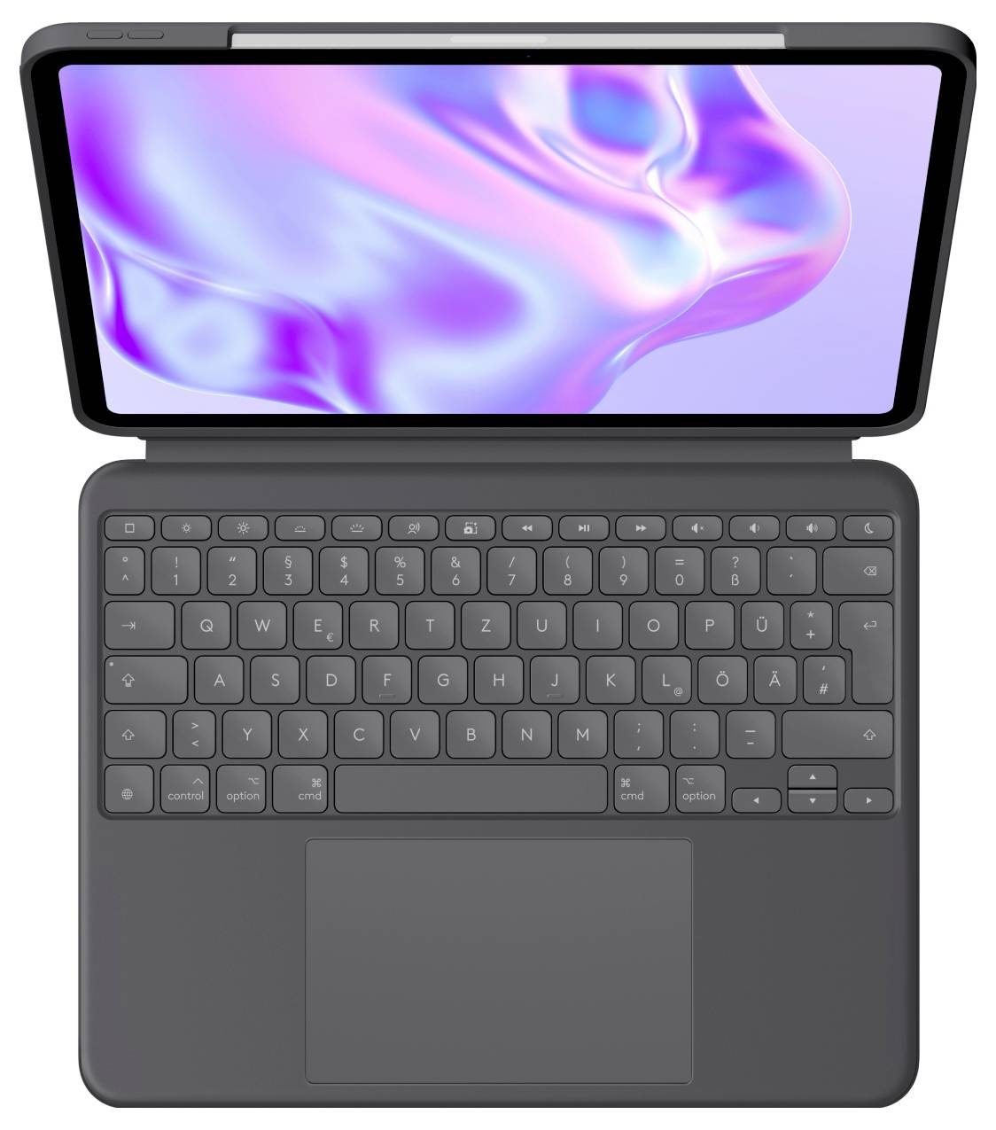 En laptop med avtagbart tangentbord och svävande skärm visar en glänsande, vågformad lila och rosa grafik på displayen.