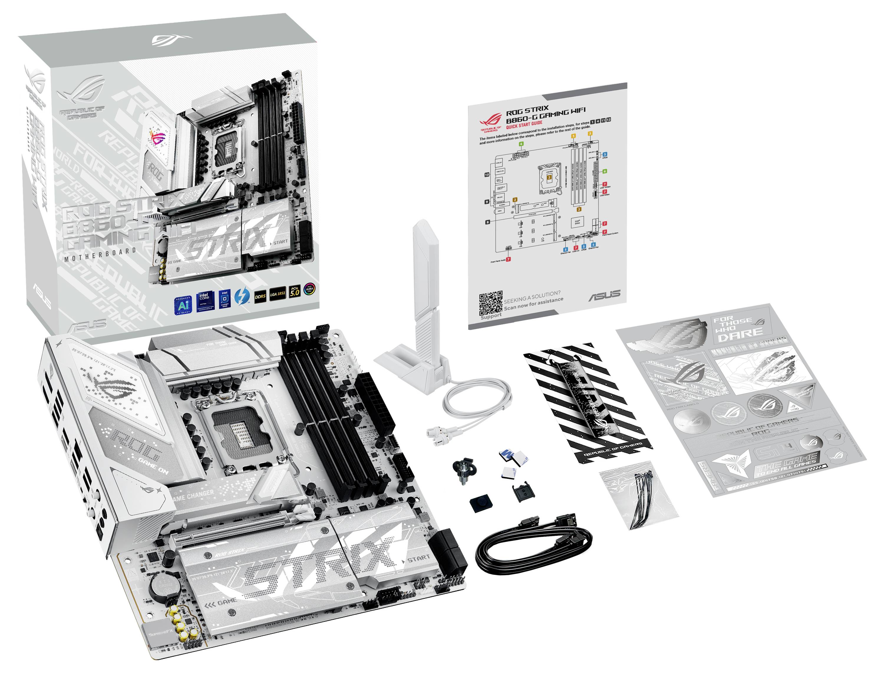 ASUS ROG STRIX B760-A GAMING WIFI D4 moderkort med komponenter inklusive en antenn, kablar och manual.
