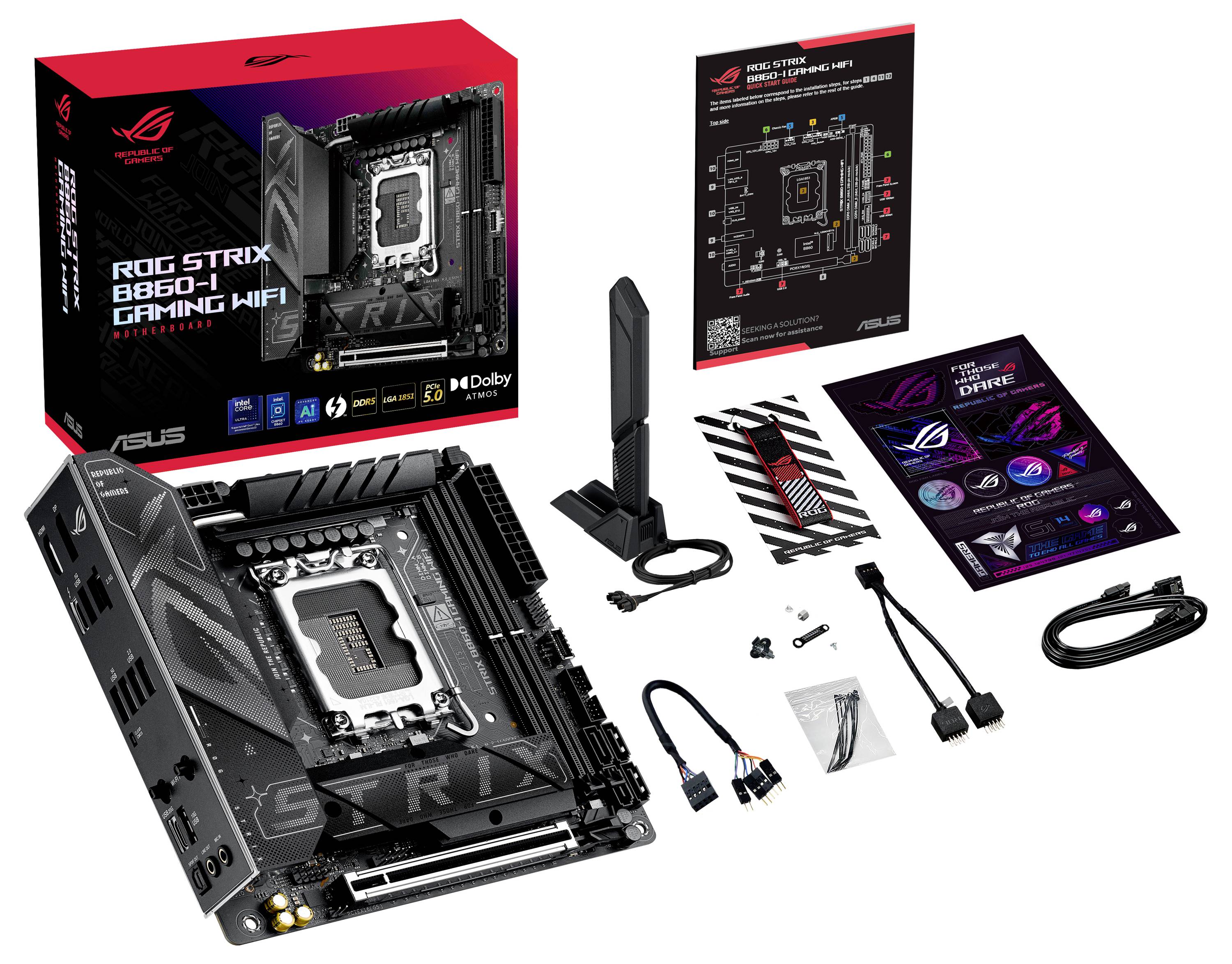 ASUS ROG Strix B660-I Gaming WIFI moderkort med tillbehör: antenn, kablar, användarmanual och reklammaterial.