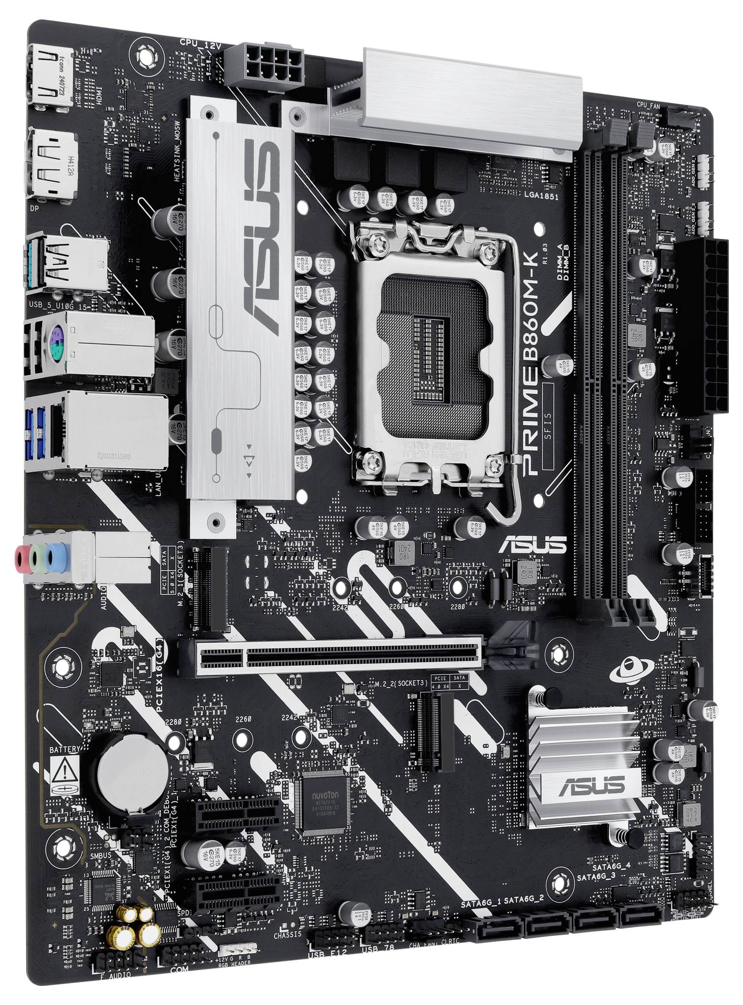 Ett svart ASUS-moderkort med en silverfärgad kylare märkt 'PRIME B660M-K'. Det har olika portar, platser och komponenter för datorsammansättning.