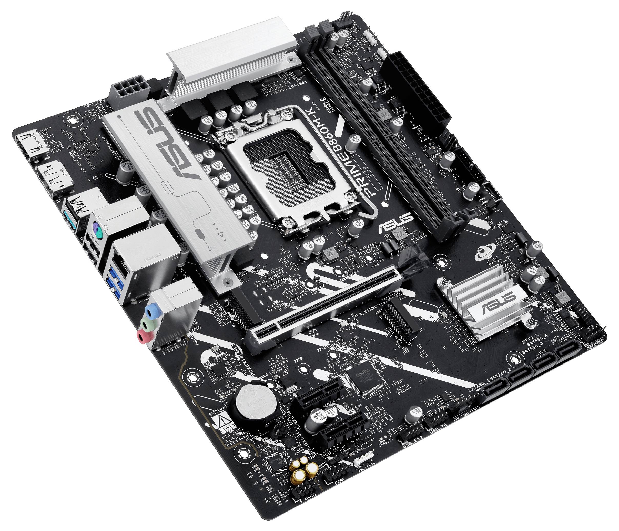 Ett ASUS-moderkort för dator med märkta platser och portar för komponenter, som visar kretsar och kontakter för montering.