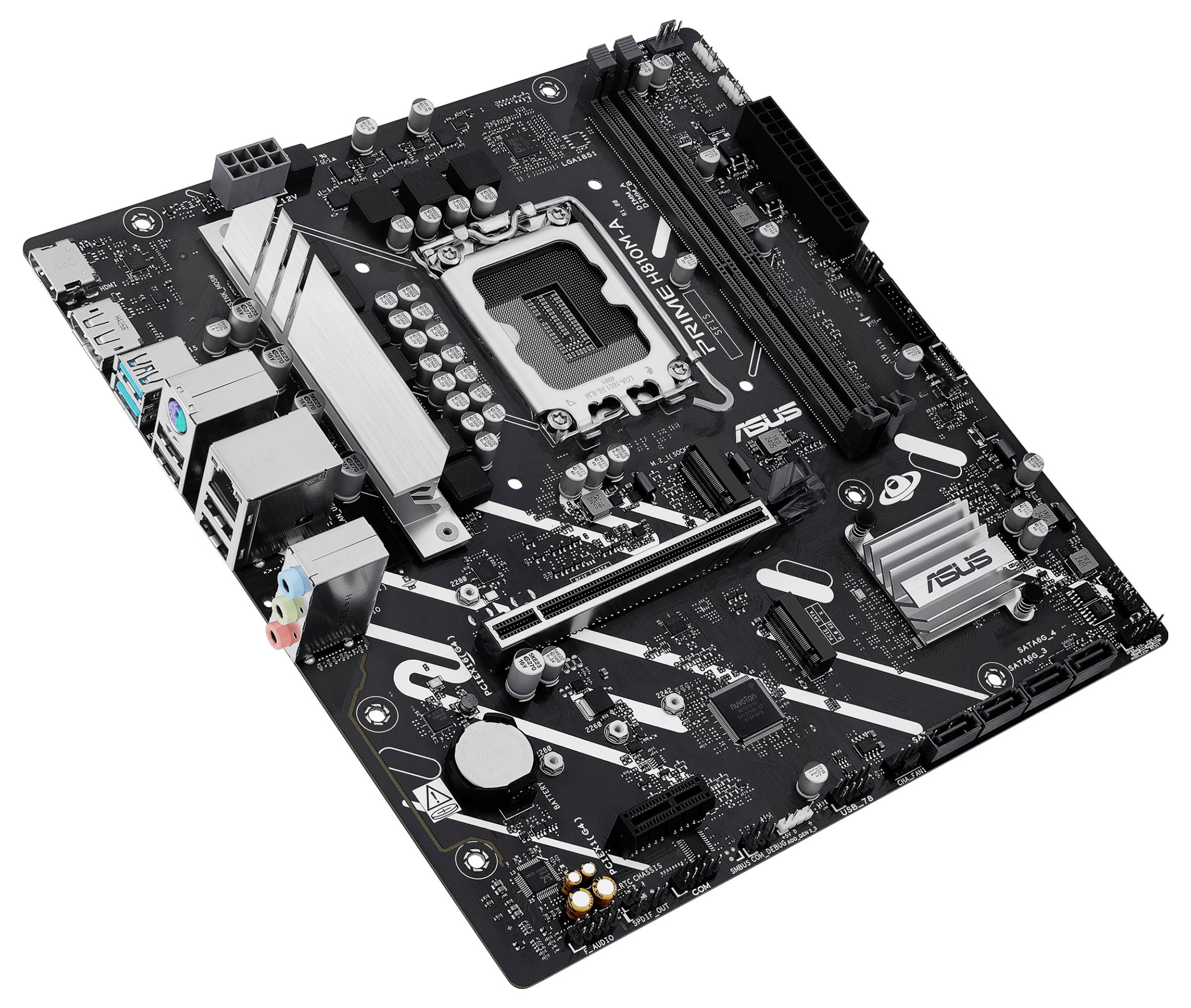Ett svart ASUS moderkort som visar olika portar, kortplatser och kretsar, inklusive CPU-sockeln, RAM-platserna och kylflänsar.