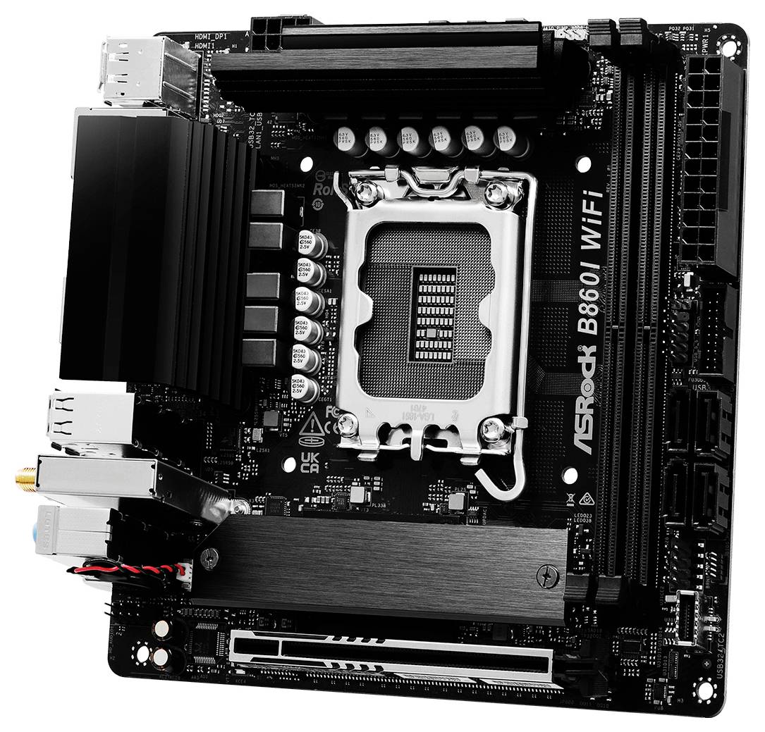 Ett moderkort med beteckningen 'ASRock B660I WiFi', utrustat med flera platser, kondensatorer och kontakter, designat för kompakta PC-byggen.