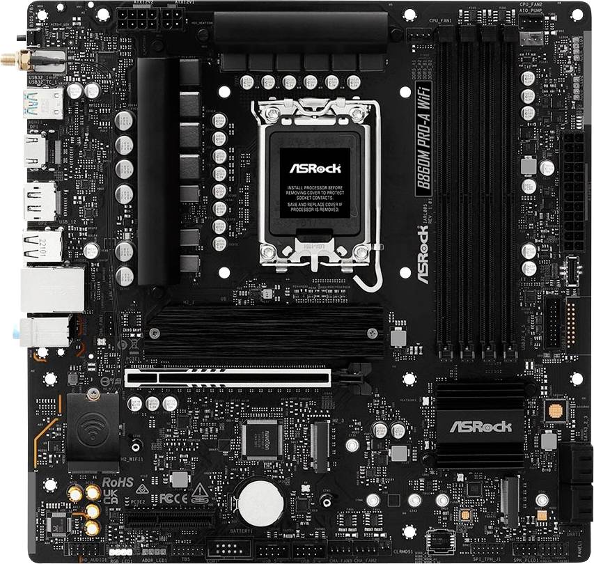 Ett moderkort märkt 'ASRock B660M Pro4 WiFi', utrustat med flera platser och portar för anslutning av hårdvarukomponenter.