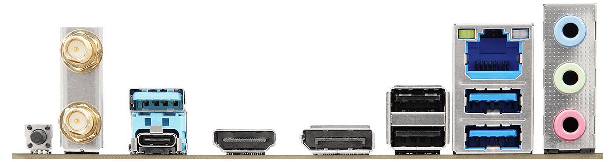 Bild av en datormoderkorts bakre I/O-panel med USB-, ljud-, HDMI-, Ethernet-portar och antennkontakter, arrangerade horisontellt.