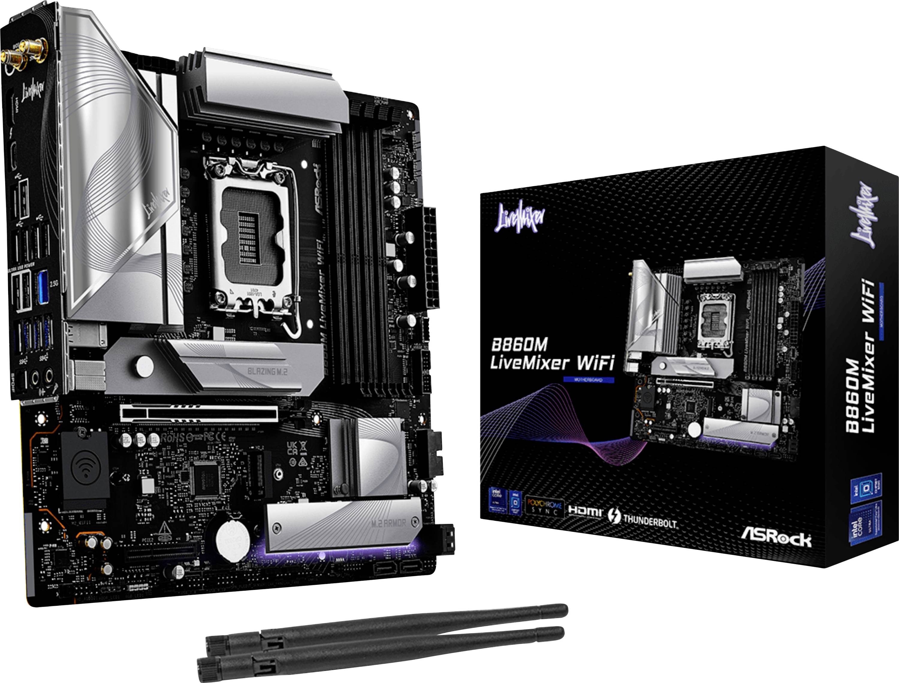 ASRock B660M LiveMixer WiFi-moderkort visas bredvid sin förpackning. Inkluderar dubbla antennera, flera portar och kylningsfunktioner.