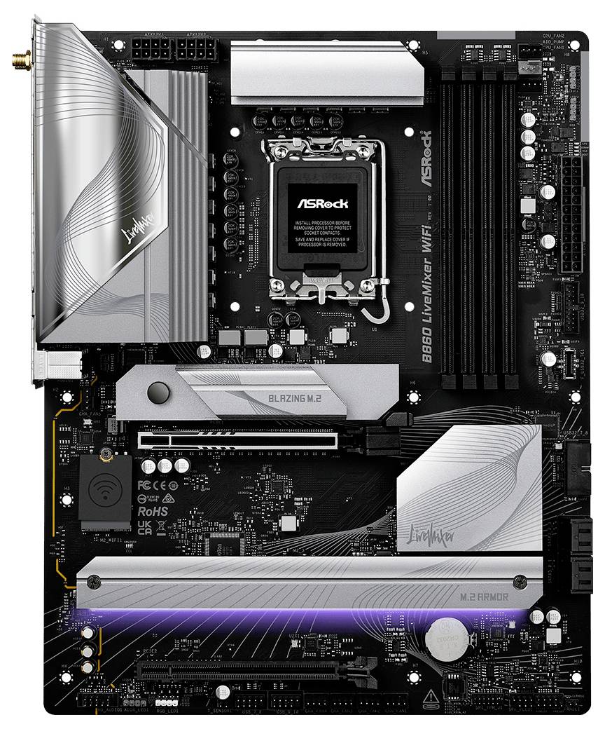 ASRock B660M LiveMixer WiFi moderkort som visar RAM-platser, CPU-socket och olika kontakter för att bygga ett datorsystem.
