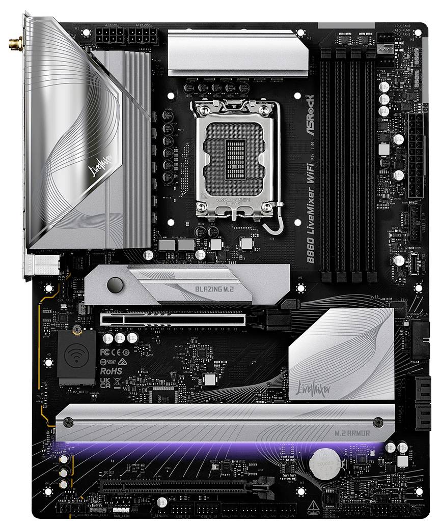 Ett moderkort märkt 'B660 LiveMixer WiFi ASRock', med flera PCI-platser, RAM-platser och M.2-platser för lagringsexpansion.
