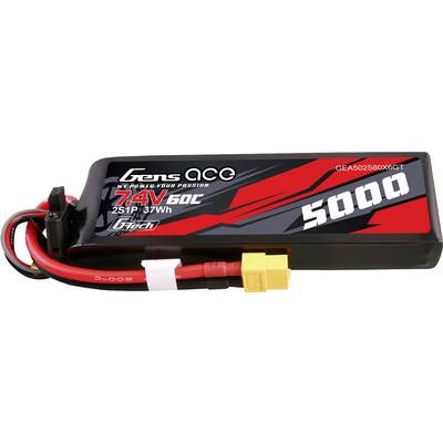 En LiPo-batteri från Gens Ace med specifikationer: 7,4V, 60C, 5000mAh, 2S1P, 37Wh. Röda och svarta kablar med XT60-kontakt.