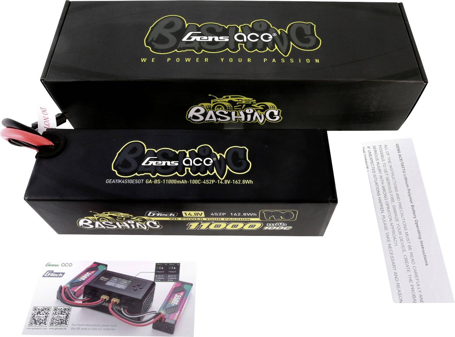 Gens Ace Bashing LiPo-batteri med förpackning, där det står '11.000mAh, 7,4V, 110C'. Medföljande bilaga visar anslutningar och information.